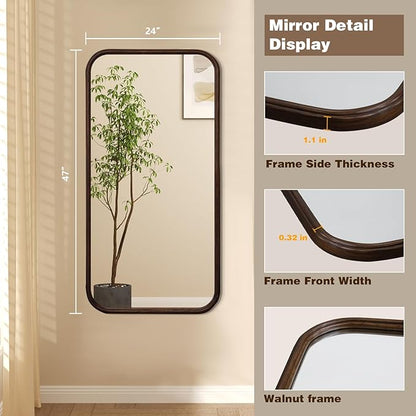 Niccy 47"×24" Wood Frame Rect Full Length Mirror, HD Long Wall-Mounted Mirrors, Large Body Hanging Mirrors for Living Room, Explosion-Proof Decorative Vanity Mirrors for Entryway, Bedroom, Red Walnut