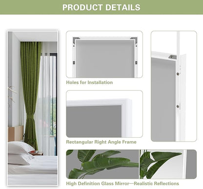ANYHI Over The Door Mirror, 42"x14" Full Length Mirror for Wall Mirror, 2 Hooks, Aluminum Frame, for Bedromm Bathroom, White