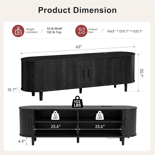 65" Mid Century Modern TV Stand, Wood TV Consoles with Sliding Doors and Power Outlet, Fluted Entertainment Center with Adjustable Shelves, Media Console for Living Room, Black
