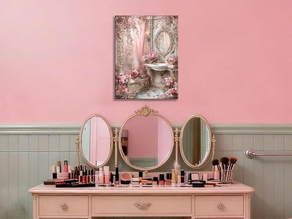 Frimeeme Framed Romantic Vintage Pink Bathroom Canvas Wall Art, Pink Sink Posters Prints Paintin, for Washroom Artwork Home Decoration Ready To Hang, 12 x 16 Inch,Framed