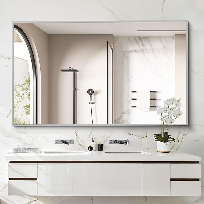 COFENY 36x55inch Bathroom Mirror, Silver Rectangle Mirror with Thin Metal Frame, Large Rectangular Wall Mirrors for Bathroom, Living Room, Hair Salon, Big Mirror Hang Horizontal/Vertical