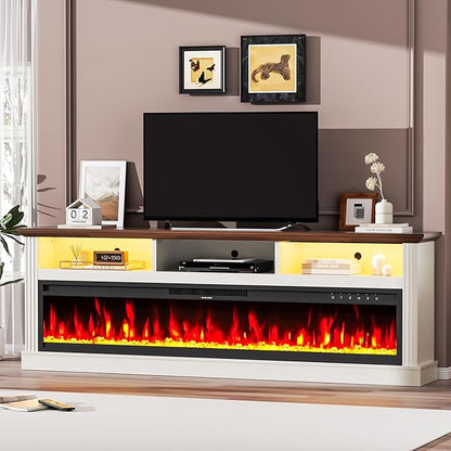 58" Fireplace TV Stand, TV Stand with 52" Fireplace, LED Light Entertainment Center with Storage Cabinets, Modern Media TV Console TV Table for Living Room, White