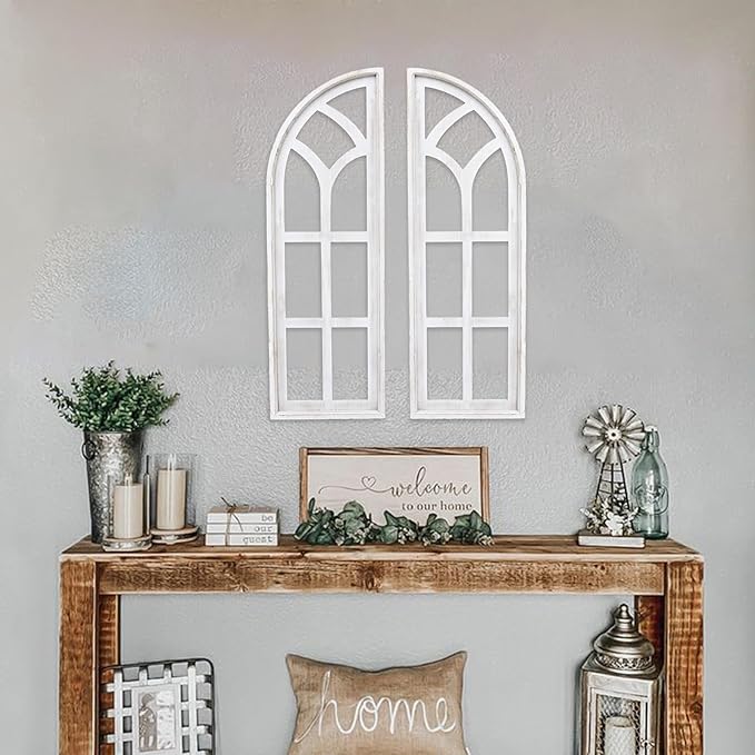 SwallowLiving Set of 2 Cathedral Arch Window Frame Wall Decor - 36" Large Rustic Farmhouse Wood Wall Art - Distressed White Architectural Hanging for Living Room, Entryway & Mantel (NO WREATH)