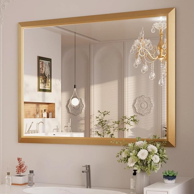 Amorho Bathroom Mirror, 48x36 Inch Golden Thick Metal Framed Wall Mirrors for Over Sink, Wall-Mounted Mirrors Perfect for Bedroom, Living Room, Entryway, Rectangle (Horizontal/Vertical).