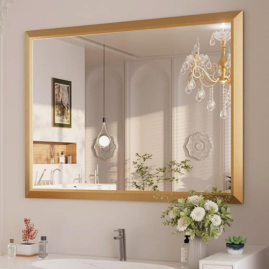 Amorho Bathroom Mirror, 48x36 Inch Golden Thick Metal Framed Wall Mirrors for Over Sink, Wall-Mounted Mirrors Perfect for Bedroom, Living Room, Entryway, Rectangle (Horizontal/Vertical).