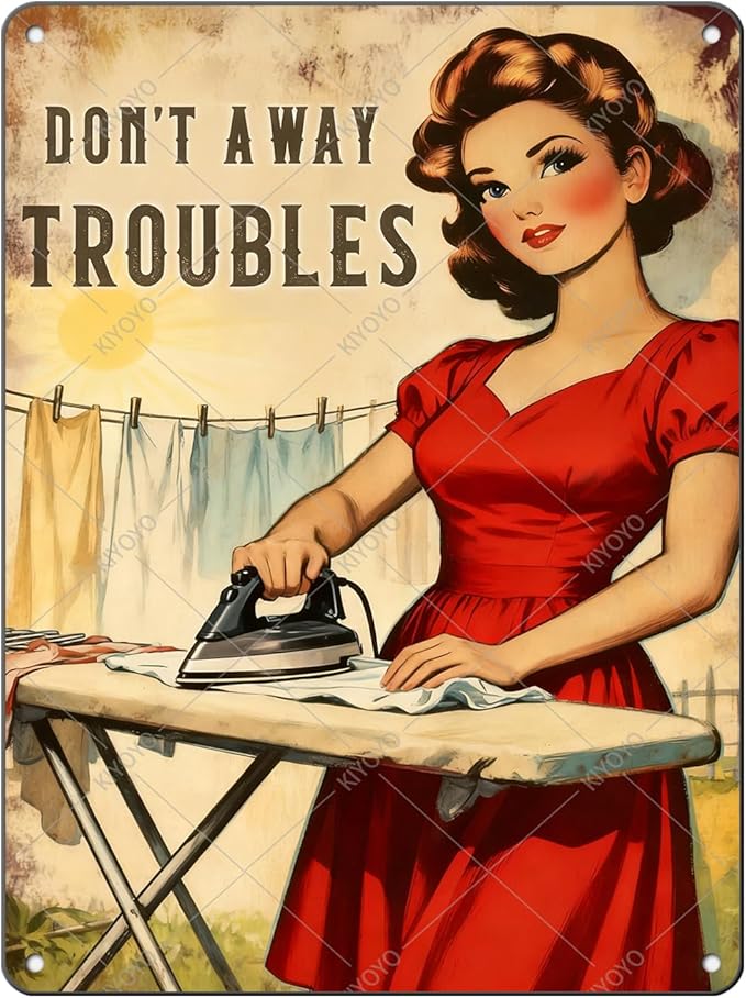 Don't Away Troubles Vintage Laundry Sign Metal Tin Plaque Funny Sarcastic Housewife Design Retro Wall Art Laundry Room Decor Farmhouse Home Gift 16x12 Inch