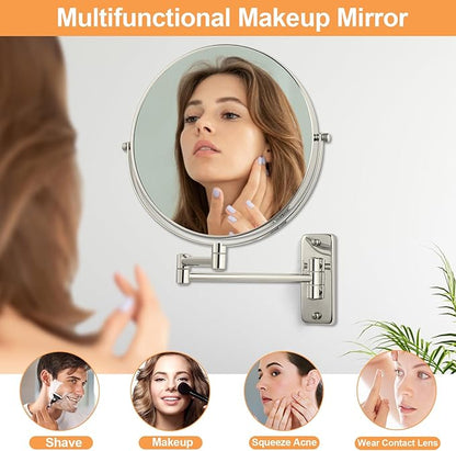 8" Wall Mount Magnifying Mirror, 1X/10X Double-Sided Makeup Mirror Wall Mounted with Extendable Folding Arm, 360° Rotation, Brushed Nickel, Perfect for Shaving & Makeup in Bathroom (No Light)