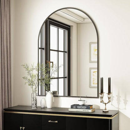 VooBang Arched Wall Mirror, 26 x 41 inch Arch Bathroom Mirror, Wall Mounted Vanity Mirror with Arch Metal Frame, Modern Bathroom Vanity Mirror for Bedroom, Living Room, Hanging or Leaning, Black
