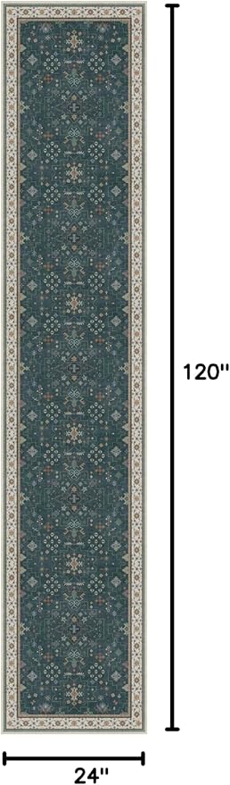 Hazo Haus Vintage Dark Green 2x10 Hallway Runner Rug - Modern Boho Eclectic Floral Pastel, Washable Low Pile Non-Slip Extra Long Runner Rugs for Kitchen, Bedroom