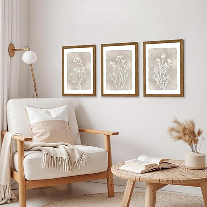 JLTULT 3 Piece Boho Beige Floral Wall Art, Minimalist Line Botanical Flower Wall Decor, Vintage Rustic Wildflower Art Prints for Living Room Bedroom Office Farmhouse decoration 12x16 in Ready to Hang