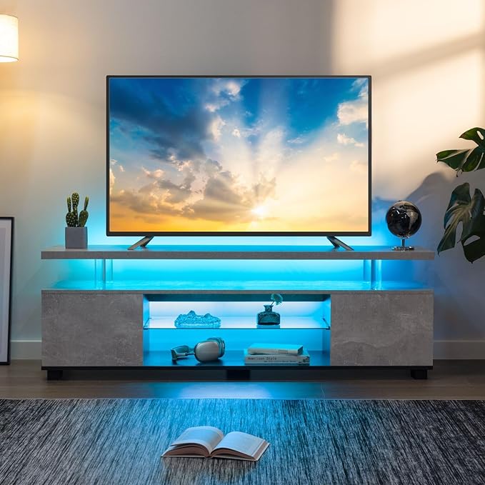 Cubehom Grey TV Stand, LED TV Stand Modern Entertainment Center for Living Room LED Console Table for TV LED TV Cabinet for 65 inch TV