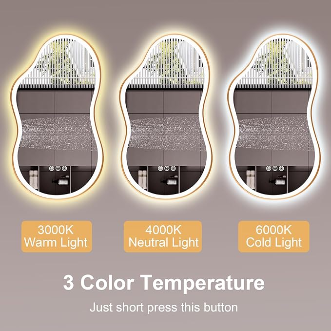WTTY LED Irregular Bathroom Mirror 24x36 Inch with Front & Back Lights - Asymmetrical Design, Anti-Fog, Dimmable 3 Color Temperatures, Shatterproof Glass, Horizontal or Vertical Mount (Gold Frame)