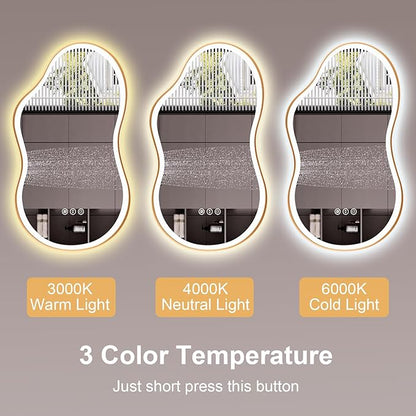 WTTY LED Irregular Bathroom Mirror 20x36 Inch with Front & Back Lights - Asymmetrical Design, Anti-Fog, Dimmable 3 Color Temperatures, Shatterproof Glass, Horizontal or Vertical Mount (Gold Frame)