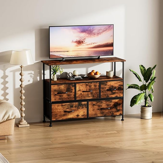 Simple Deluxe TV Stand Dresser for Bedroom Entertainment Center with 5 Fabric Drawers, Storage Organizers Units for Living Room, Media Console Table with Open Shelf up for 45" TV, Rust, Wood top