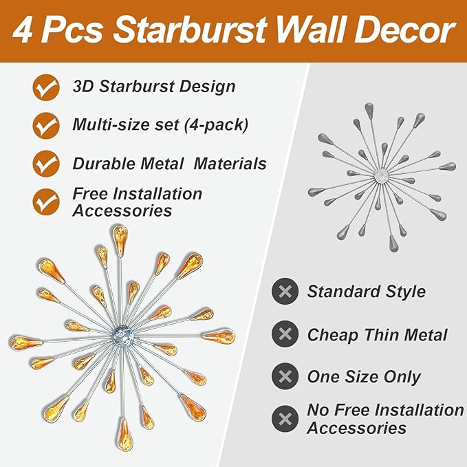 ZEXUIRU 4 Pcs Orange Starburst Wall Decor Metal Bling Wall Art Crystal Accents 3D Modern Decoration Glam Hanging Sculptures for Living Room Bedroom Office Teen Girl Room – Easy to Hang Home Decor Set