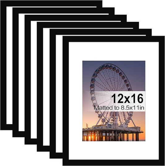 BESCRCL 12x16 Picture Frame Black Set of 6, Diamond Art Painting Frames Display Photo 8.5x11 or 12 x 16 without Mat, Wall Hanging Frame with Plexiglass