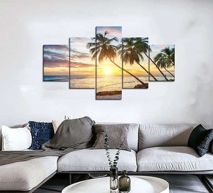 Sunset Palm Beach Ocean Landscape Seascape Modern Pictures Painting on Canvas 5 Panels Combination Enlarge for Wall Art Living Room Home Decor Framed Stretched (60" W x 40" H)