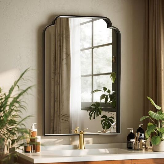 GLSLAND 20"x30" Petal Arch Bathroom Mirror – Modern Metal Frame Vanity Mirror with Scalloped Edge for Over Sink, Bedroom, Living Room, Entryway, Non-Rusting Decorative Wall Mirror, Black