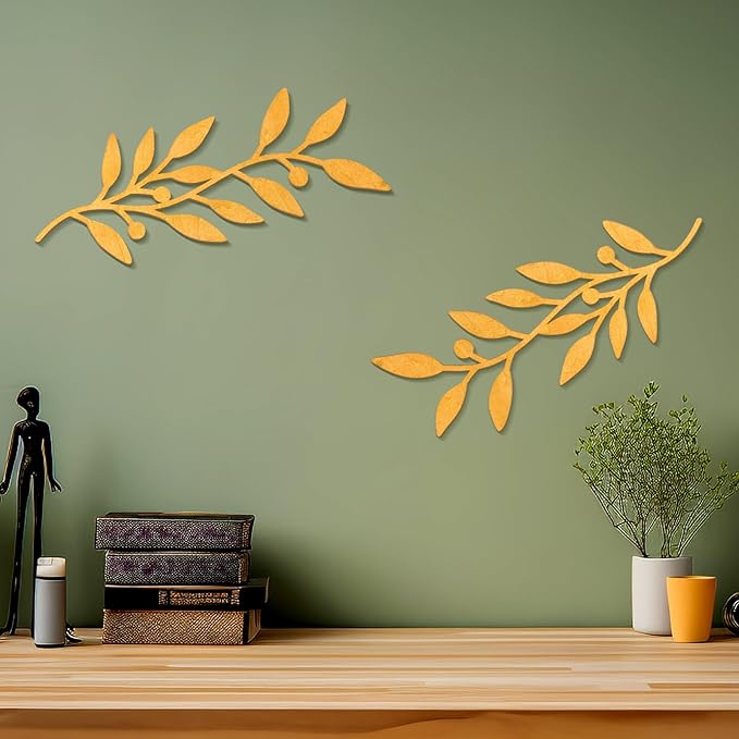 Zzbakress 2 Pieces Black Leaf Wall Decor Living Room, Wooden Vine Olive Branch Leaves Wall Decorations, Wooden Wall Art Decor For Hallway Bathroom Outdoor (Gold)
