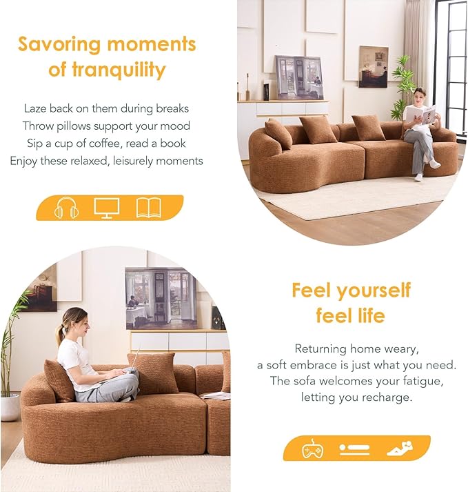KEIKI Curved Chenille Modular Sectional Couches with Pillows, 4 Seater Oversized Upholstered Luxury Plush Cloud Sofa for Living Room Apartment, Caramel