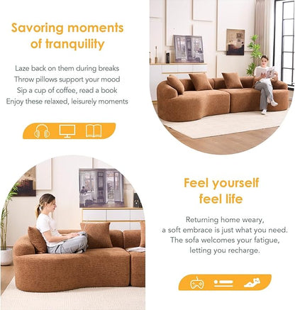 KEIKI Curved Chenille Modular Sectional Couches with Pillows, 4 Seater Oversized Upholstered Luxury Plush Cloud Sofa for Living Room Apartment, Caramel