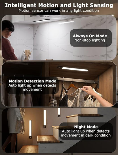 12" Ultra-Thin Under Cabinet Lighting Cordless, Aluminum Alloy Under Counter Lights for Kitchen, 3-Color-Temps Magnetic Closet Lights, Rechargeable Motion Sensor Light Indoor (6 Pack, Black)