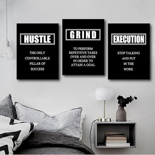 Hustle Grind Execution Inspirational Quotes Poster Motivational Wall Art Decoration Painting 3 Pieces Canvas Print Framed Stretched Artwork Modern Office Home Decor Ready to Hang [36''W X 16''H]