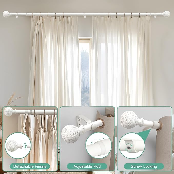 QDWIS White Curtain Rods for Windows 72 to 144 Inch,1'' Diameter Drapery Rods with Leaf Pattern Finials,Boho Adjustable Heavy Duty Curtain Rods Set,36-150'',Antique White