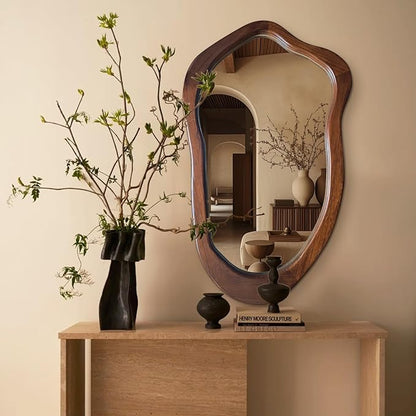 Irregular Wall Mirror 40"x24", Walnut Asymmetrical Mirror, Wood Bathroom Mirrors Wall Mounted, Wall Mirrors Decorative for Living Room, Bedroom, Bathroom, Hallway, Entryway