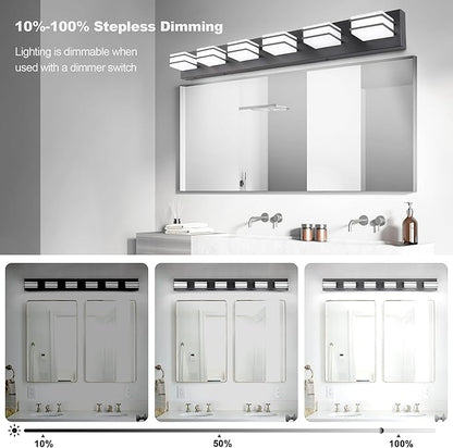 GOODATE 3 Color Temperature Dimmable Vanity Lights for Bathroom, Black 6 Light Vanity Light Fixtures, Acrylic Stainless Steel Square Shade Light Fixtures for Bathroom Above Mirror, ETL Certificated