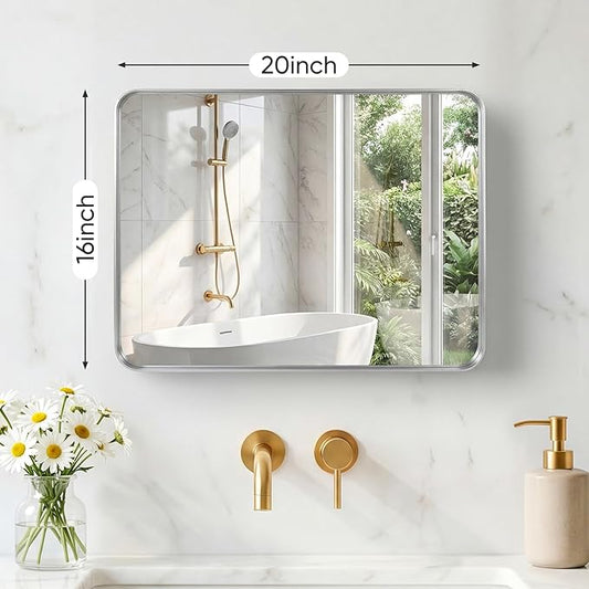 NEWBULIG 16X20 Inch Bathroom Mirror for Over Sink, Wall Vanity Mirrors Tempered Glass, Anti-Rust Metal Framed Rounded Rectangle, Hangs Horizontally or Vertically, Farmhouse Home Decor, Silvery