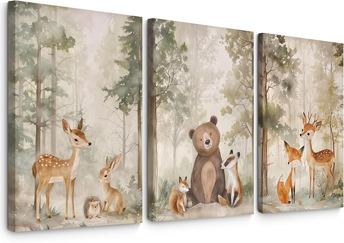 Woodland Nursery Wall Art Decor Animal Forest Canvas Prints Baby Boy Room Wall Decor Bear Nursery Nature Pictures Deer Prints Artwork for Boy Girl Kids Bedroom 16x24 Inch Wrapped Canvas Set of 3