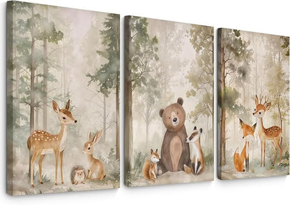 Woodland Nursery Wall Art Decor Animal Forest Canvas Prints Baby Boy Room Wall Decor Bear Nursery Nature Pictures Deer Prints Artwork for Boy Girl Kids Bedroom 12x16 Inch Wrapped Canvas Set of 3
