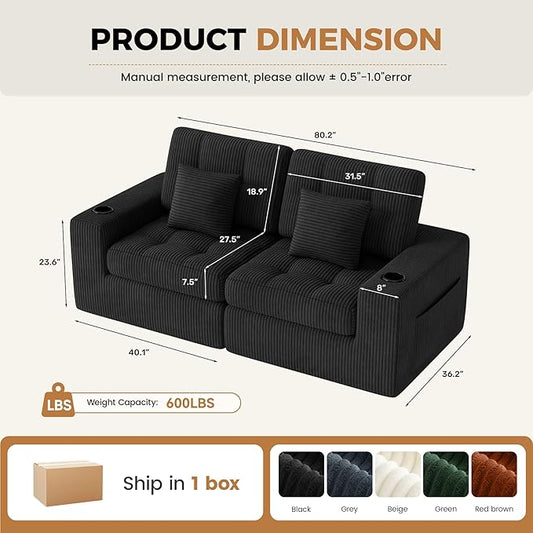 80" Boneless Loveseat Sofa in a Box,No Assembly Required Comfy Deep Seat Cloud Couch,Modern Small Couches for Living Room, Bedroom,Apartment,Black 1 PCS