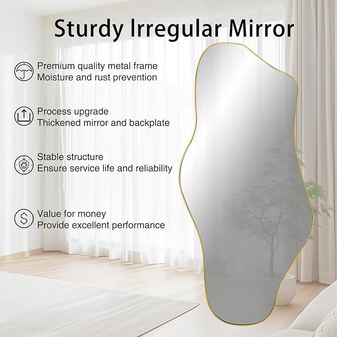 Irregular Mirror Full Length, 63.4"x29" Large Asymmetrical Mirror with Gold Metal Frame, Modern Abstract Wall Mirrors for Living Room Bedroom Entryway, Hangs Vertically or Horizontally