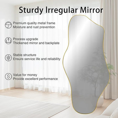 Irregular Mirror Full Length, 63.4"x29" Large Asymmetrical Mirror with Gold Metal Frame, Modern Abstract Wall Mirrors for Living Room Bedroom Entryway, Hangs Vertically or Horizontally