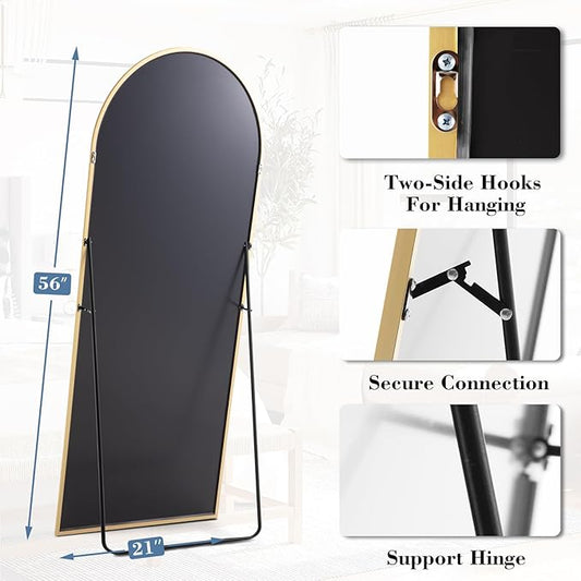 NEWBULIG Arched Mirror Full Length, 56"x21" Body Wall Mirrors with Shatter-Proof Glass, Upgraded Floor Standing Mirror, Hanging or Leaning, with Stand Aluminum Alloy Frame for Home Decor, Gold