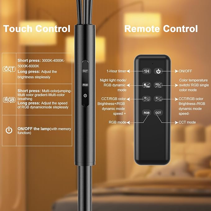 SIBRILLE 36W RGB Arc Floor Lamp with 3 White Fabric Shades, 3000LM Super Bright Standing Lamp with Remote Control & Touch, Stepless Dimming, Individual Light Control for Living Room, Bedroom