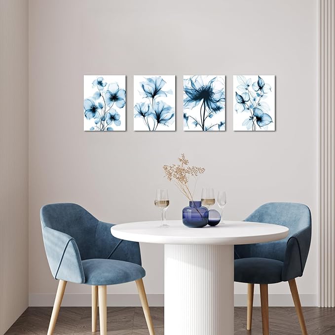 KREATIVE ARTS Blue Flickering Flower Canvas Wall Art - Modern Abstract Paintings, 4 Pcs, 12x16 Each, Graceful Floral Pictures, Gallery Wrapped for Living Room, Bedroom, Office Home Decor