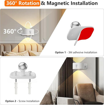 Deyagoo Motion Sensor Wall Light Indoor, Battery Operated Sconce 360°Rotate, Rechargeable Cordless Night Light, Touch Dimmable 3 Brightness, UP Down LED Wall Lamp for Stairs, Closet, Bedroom, Bathroom