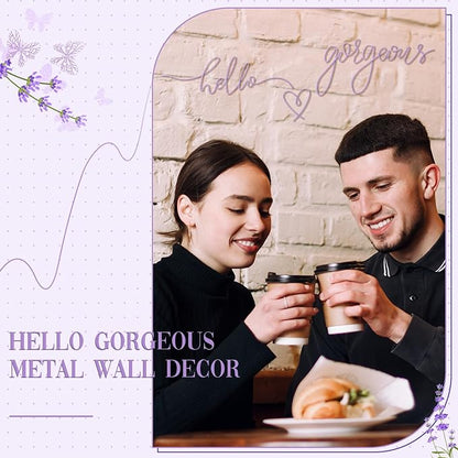 Hicarer Metal Hello Gorgeous Wall Art Minimalist Decor for Bedroom Bathroom Living Room Dressing Room Salon Office Home Decorations Easy to Install Wall Decor(Purple,Classic Style)
