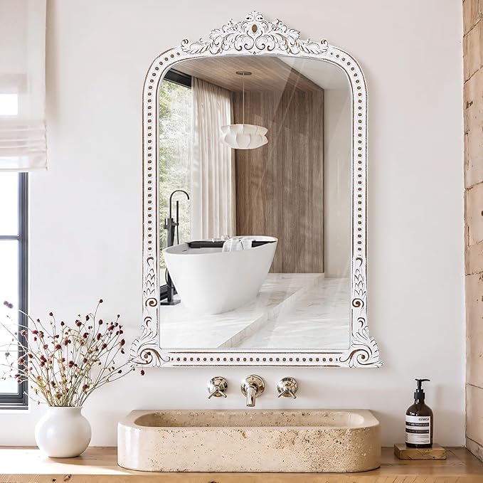 HOITUZYUS French Vintage Statement Wall Mirror: 38x28 Inch Baroque Arched Mirror - Ornate Antique Decorative Mirrors for Fireplace, Entryway, Bedroom, Bathroom - Home Decor for Living Room