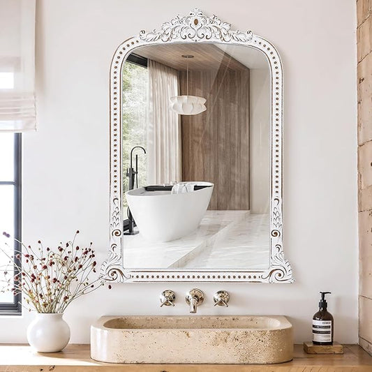 HOITUZYUS French Vintage Statement Wall Mirror: 38x28 Inch Baroque Arched Mirror - Ornate Antique Decorative Mirrors for Fireplace, Entryway, Bedroom, Bathroom - Home Decor for Living Room