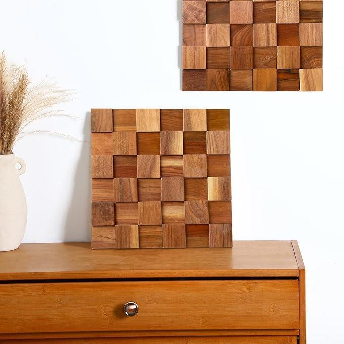 RattanView 3 Pcs 3D Wood Wall Art 11.8'' x 11.8'' Rugged Mosaic Wood Wall Decor Rustic Block Wooden Wall Art Vintage Brick Carved Wall Art for Living Room Bedroom Aesthetic, Ready to Hang