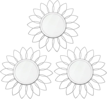 3 Pack Metal Mirrors for Wall Sunburst Wall Mirrors Home Décor Decorative Hanging Wall Art for Living Room Bedroom Entryway (Silver, Flowers)