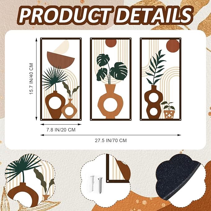ShxTrade Boho Metal Wall Art Set of 3, Minimalist Botanical Wall Decor with Vase & Plant Silhouettes,Geometric Modern Mid Century Modern Artwork Art for Living Room Bedroom Bathroom Office