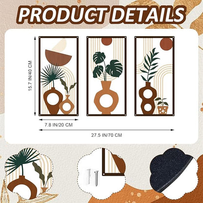 ShxTrade Boho Metal Wall Art Set of 3, Minimalist Botanical Wall Decor with Vase & Plant Silhouettes,Geometric Modern Mid Century Modern Artwork Art for Living Room Bedroom Bathroom Office