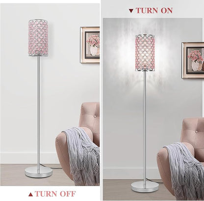 Crystal Floor Lamp for Bedroom, Silver Floor Lamp with Pink Shade, Girls Lamp with On/Off Foot Switch, Elegant Standing Light Tall Pole Lamp for Living Room, Dresser, Office (E26 Base)