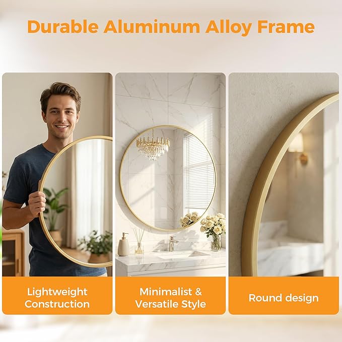 OLIXIS 36 Inch Gold Round Bathroom Wall Mirror, Round Bathroom Mirrors for Over Sink, Circle Mirror with Tempered Glass for Home Decor, Entryway, Bedroom, Vanity, Shatterproof& Crystal-Clear