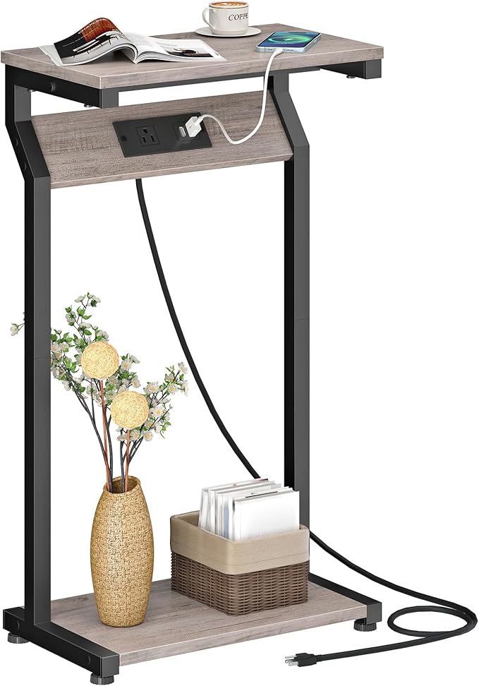 CHOEZON Narrow Side Table with Charging Station, 27" Skinny End Table for Small Spaces, Couch Table with Storage, Slim Tray Table with USB Ports, for Living Room, Bedroom, Greige and Black TBZ27UBG